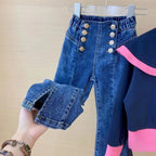 Conjunto elegante de 2 piezas para niñas: blusa y pantalón vaquero.