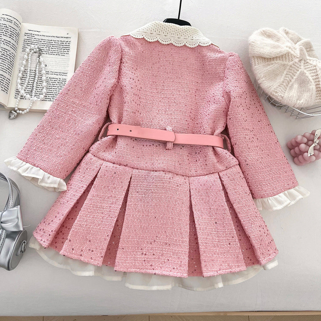 Vestido rosa elegante para niñas con cinturón, perfecto para el invierno.