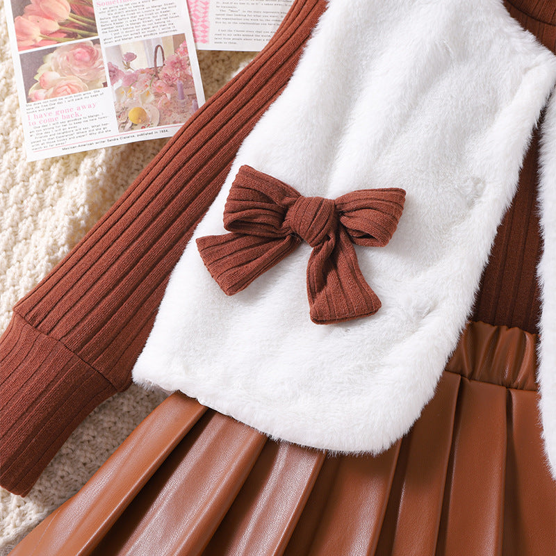 Conjunto de 3 piezas: suéter de invierno tejido, falda de cuero y chaleco de piel suave.