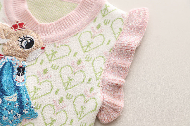 Conjunto de niñas de 3 piezas: blusa rosa, chaqueta con dibujo de conejo y pantalón vaquero con mariposas