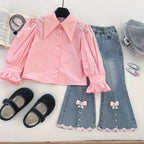 Conjunto de 3 piezas para niñas: blusa con volantes, chaleco de lana y pantalón vaquero.