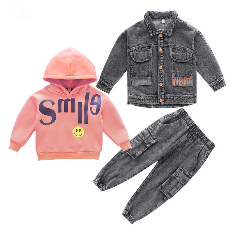 Conjunto de 3 piezas: sudadera con capucha, chaqueta vaquera y pantalón vaquero