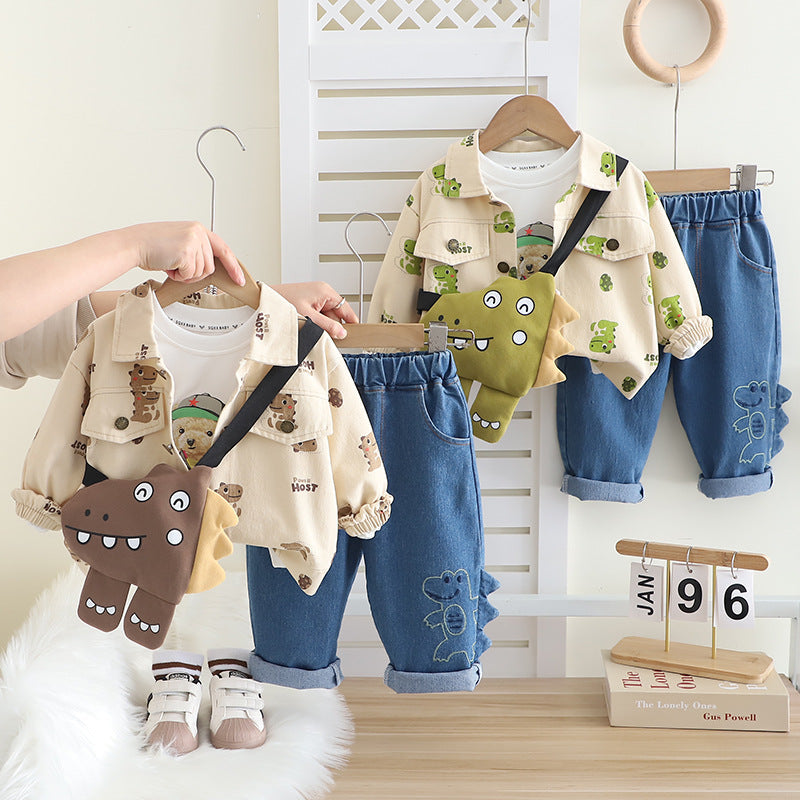 Conjunto infantil 3 piezas: camiseta dinosaurio, interior ligero y pantalón vaquero