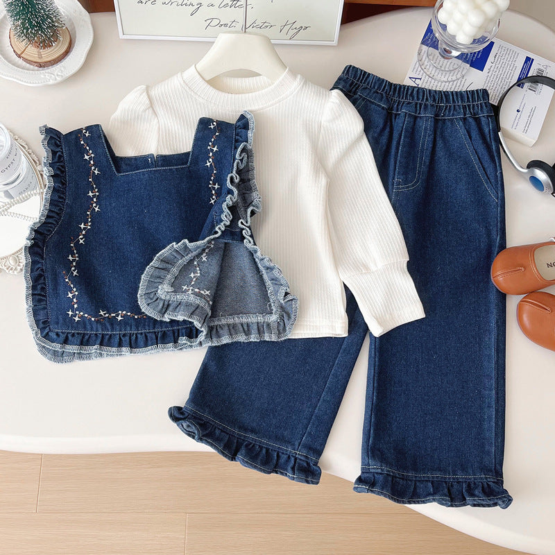 Conjunto de 3 piezas para niñas: blusa, chaleco de mezclilla y pantalón.
