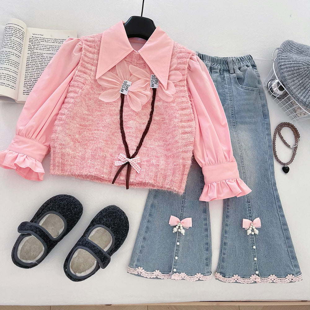 Conjunto de 3 piezas para niñas: blusa con volantes, chaleco de lana y pantalón vaquero.