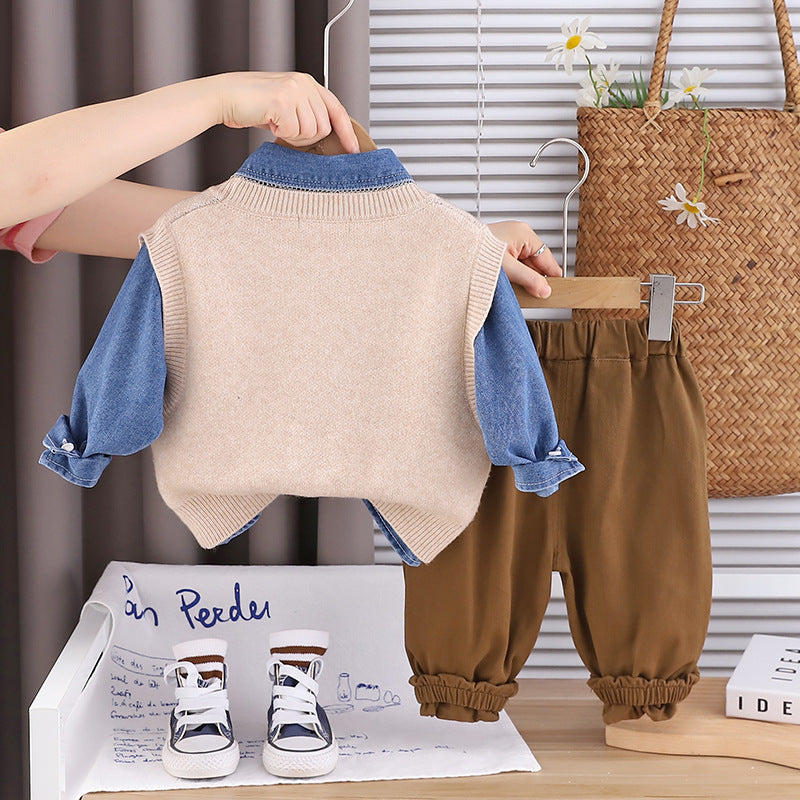 Conjunto de 3 piezas: camisa vaquera, suéter de lana y pantalón