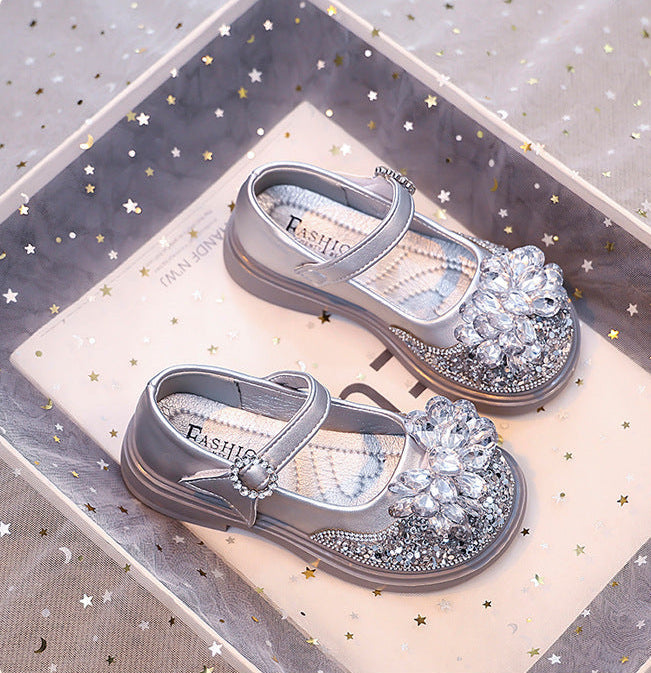 حذاء بناتي أنيق بتصميم زهرة كريستالية لامعة