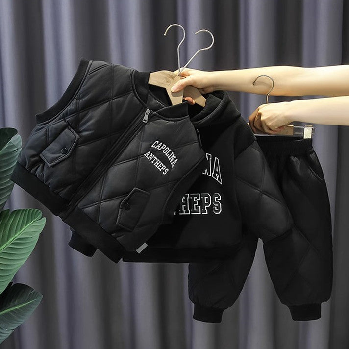 Conjunto de invierno de 3 piezas: sudadera cálida con capucha, chaleco acolchado y pantalón