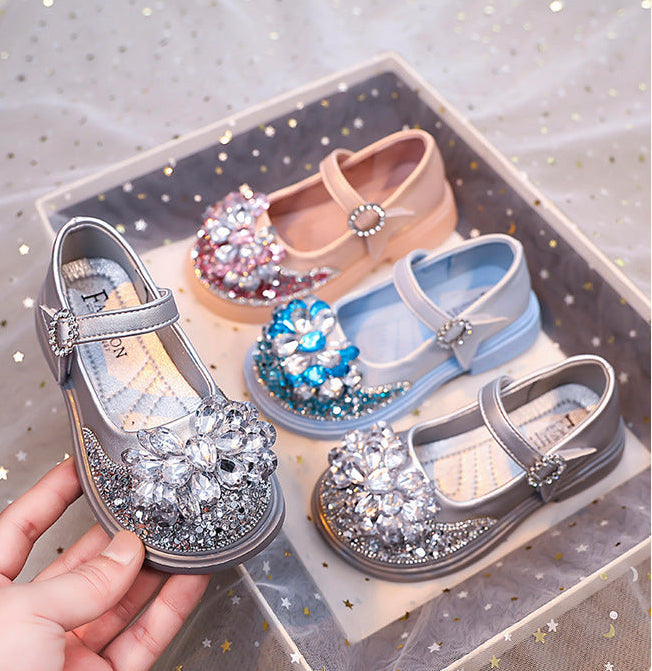 حذاء بناتي أنيق بتصميم زهرة كريستالية لامعة