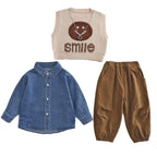 Conjunto de 3 piezas: camisa vaquera, suéter de lana y pantalón