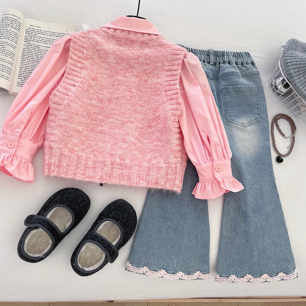 Conjunto de 3 piezas para niñas: blusa con volantes, chaleco de lana y pantalón vaquero.