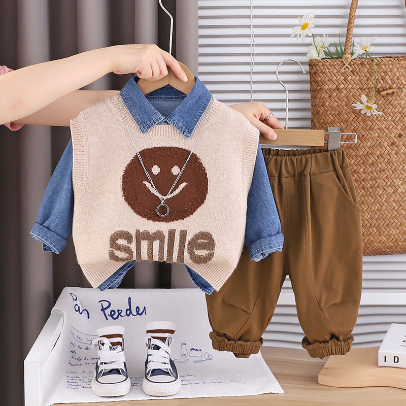 Conjunto de 3 piezas: camisa vaquera, suéter de lana y pantalón