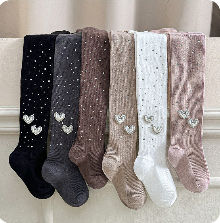 Calcetines de algodón para niñas decorados con corazones de cristal brillantes