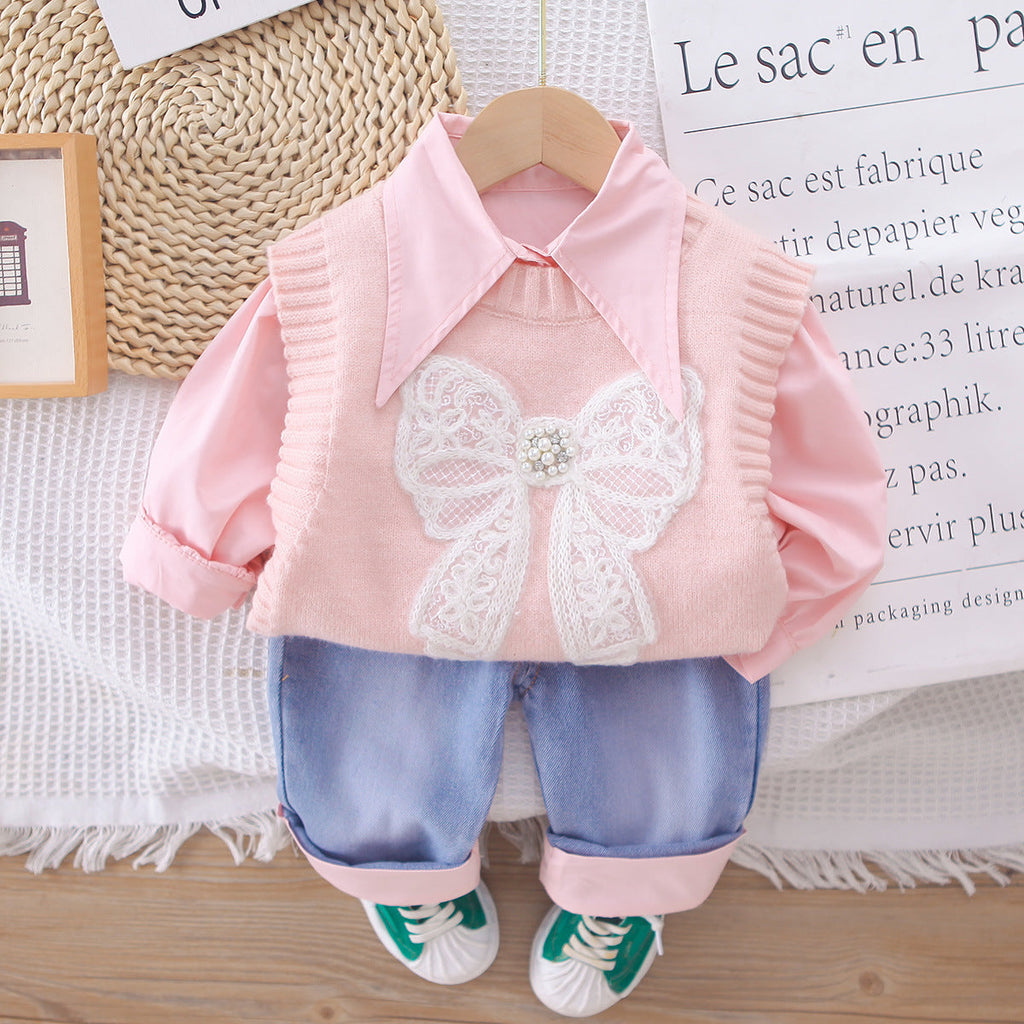 Conjunto de 3 piezas: camisa de manga larga, chaleco de lana decorado y pantalón vaquero