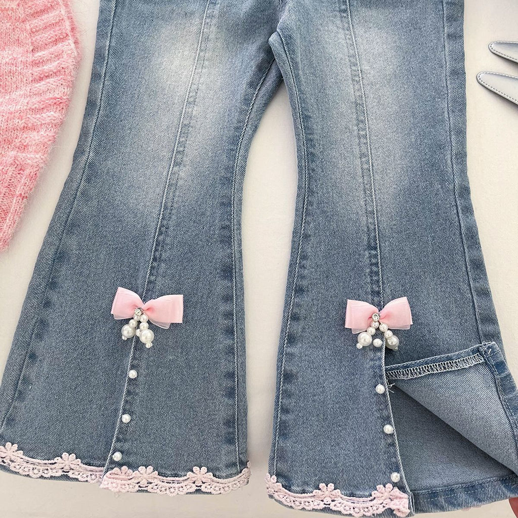 Conjunto de 3 piezas para niñas: blusa con volantes, chaleco de lana y pantalón vaquero.