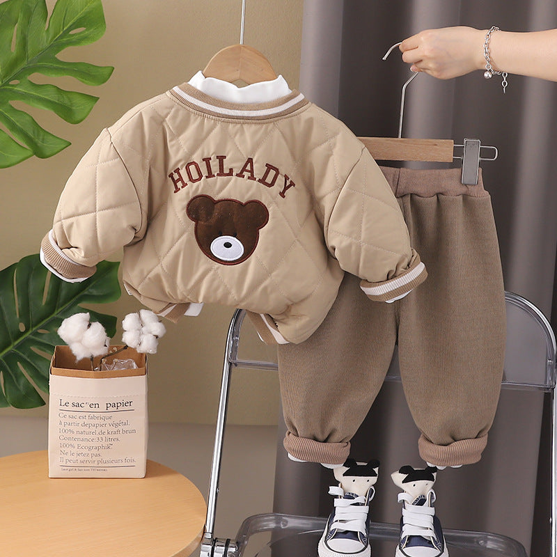 Conjunto de 3 piezas para niños: chaqueta, camiseta interior y pantalón con bordado de osito