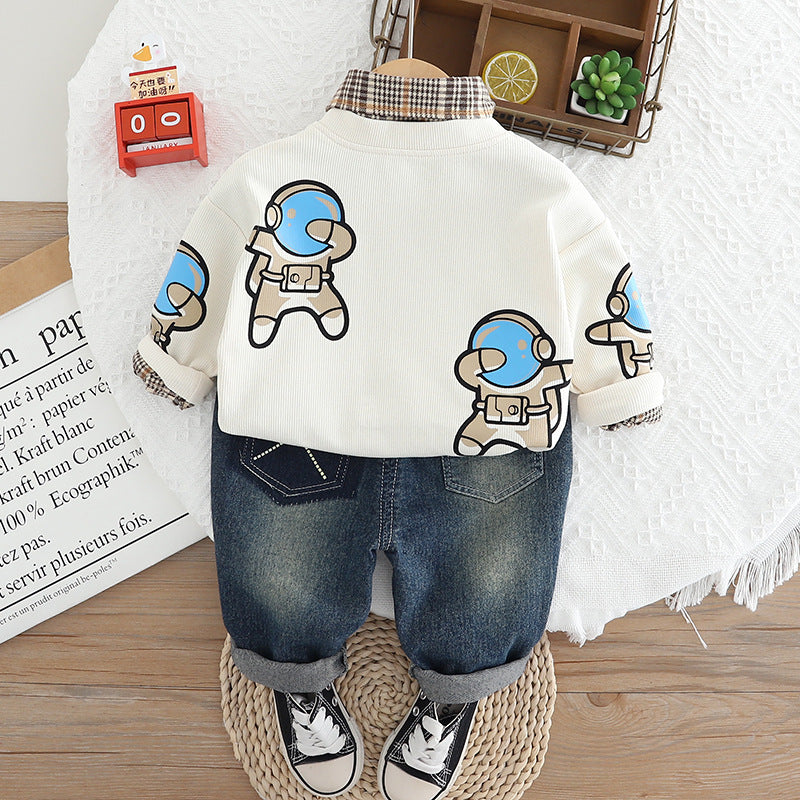 Conjunto de 3 piezas: chaqueta, camisa de cuadros interior y pantalón vaquero