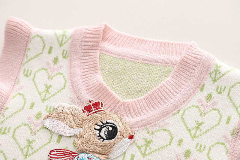 Conjunto de niñas de 3 piezas: blusa rosa, chaqueta con dibujo de conejo y pantalón vaquero con mariposas