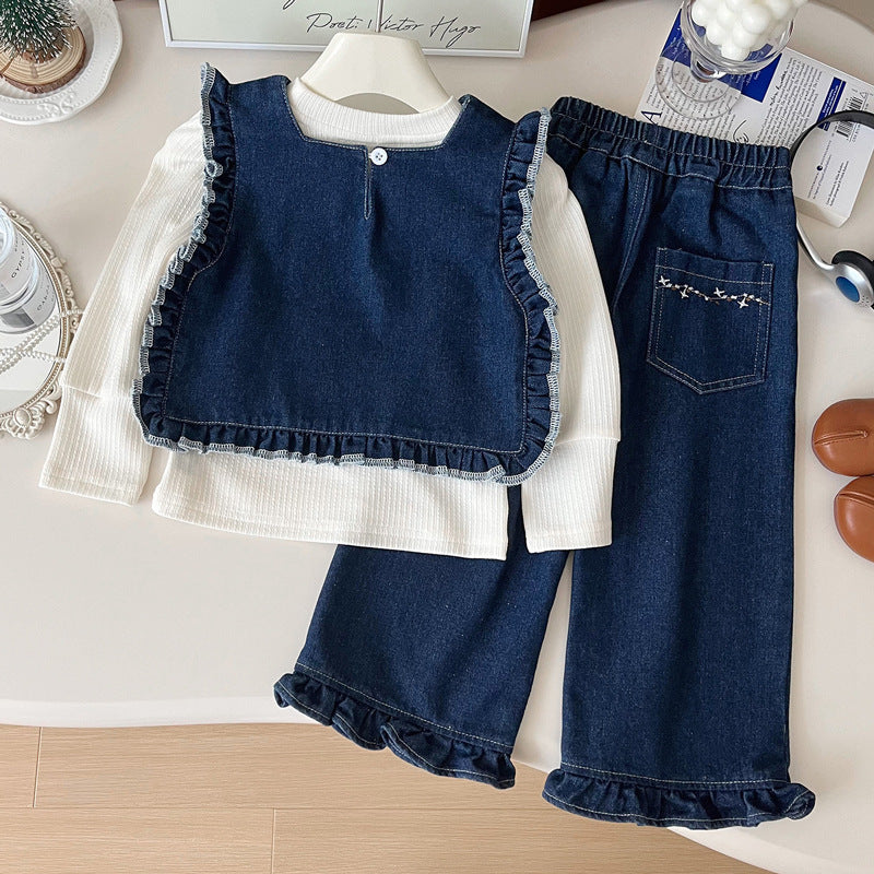 Conjunto de 3 piezas para niñas: blusa, chaleco de mezclilla y pantalón.
