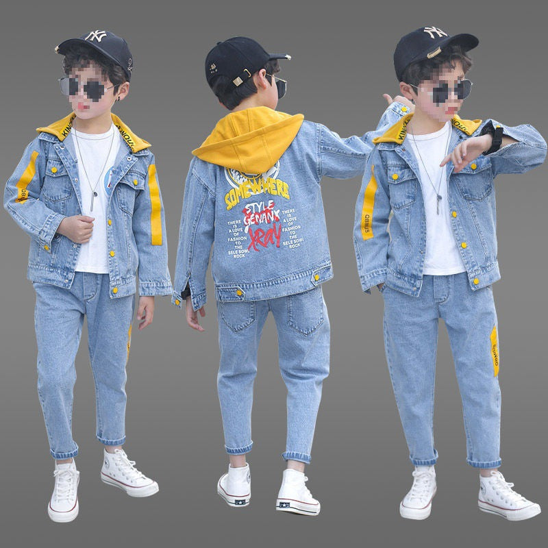 Conjunto de 3 piezas: chaqueta vaquera, sudadera interior con capucha y pantalón vaquero