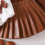 Conjunto de 3 piezas: suéter de invierno tejido, falda de cuero y chaleco de piel suave.