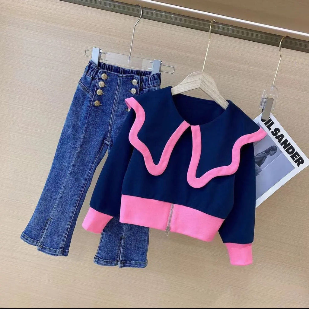 Conjunto elegante de 2 piezas para niñas: blusa y pantalón vaquero.