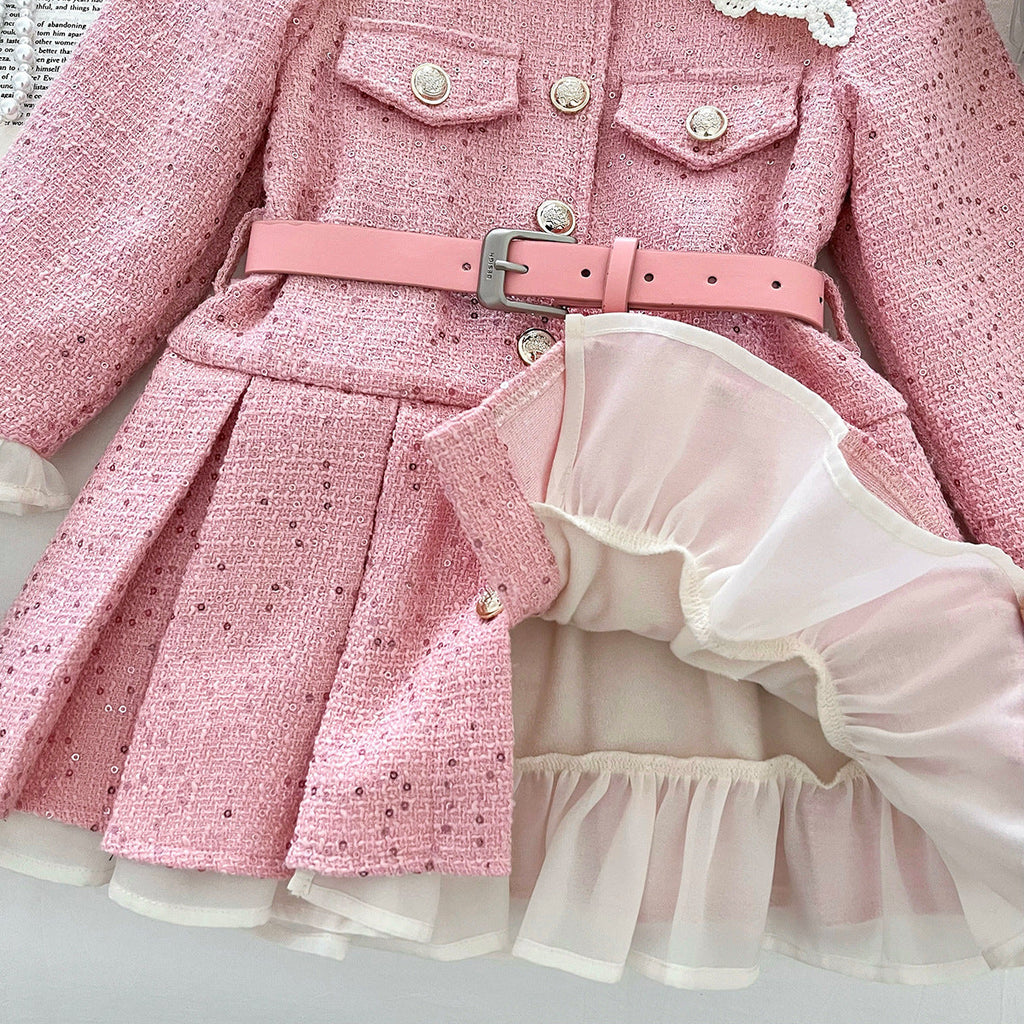 Vestido rosa elegante para niñas con cinturón, perfecto para el invierno.