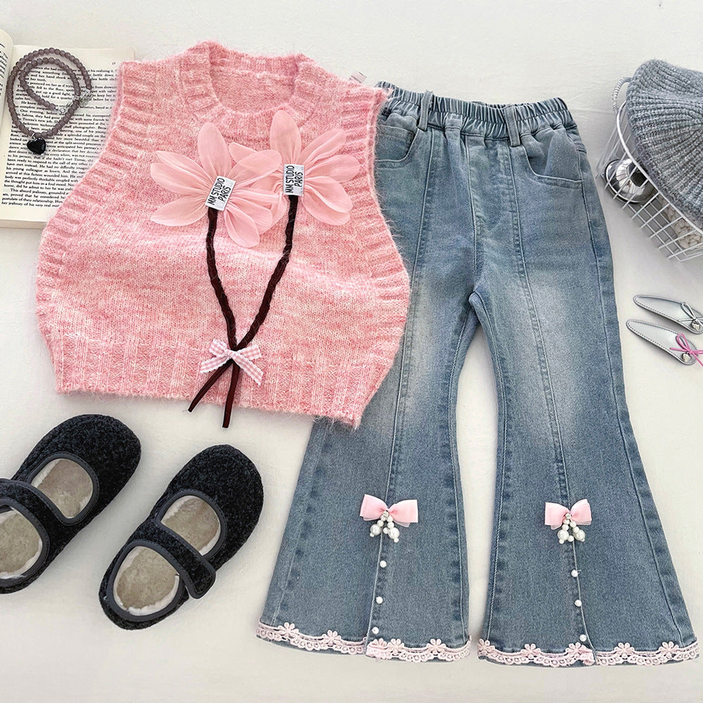 Conjunto de 3 piezas para niñas: blusa con volantes, chaleco de lana y pantalón vaquero.