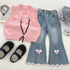 Conjunto de 3 piezas para niñas: blusa con volantes, chaleco de lana y pantalón vaquero.