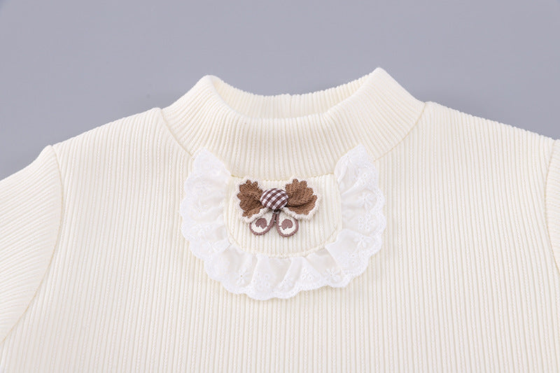 Conjunto de 3 piezas: chaleco de piel, camiseta interior cálida y falda de tweed.