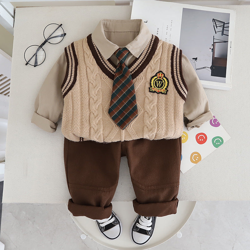 Conjunto clásico de 3 piezas: chaleco de lana, camisa de manga larga y pantalón