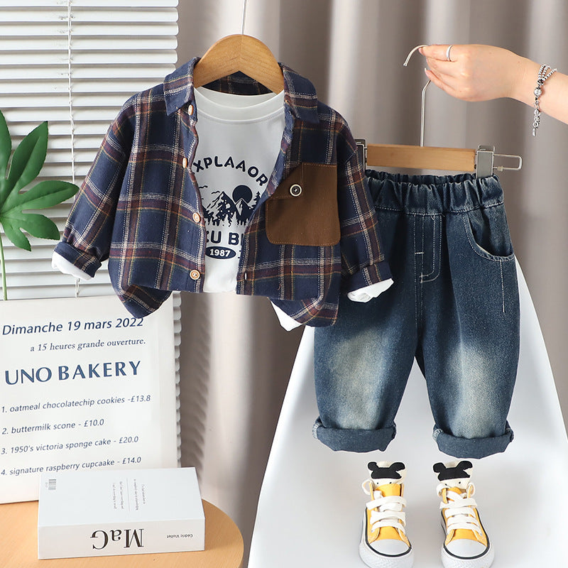 Conjunto de 3 piezas: camisa de cuadros, camiseta de algodón y pantalón vaquero