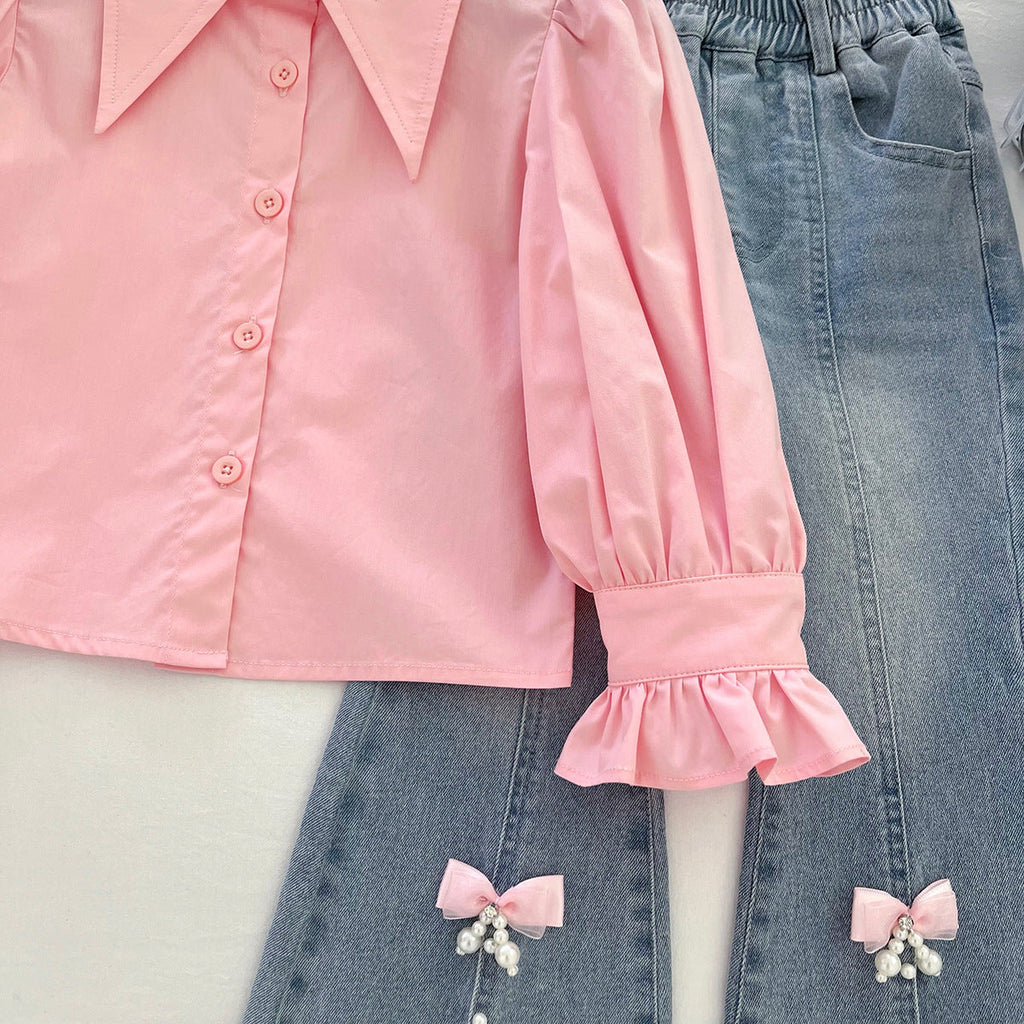 Conjunto de 3 piezas para niñas: blusa con volantes, chaleco de lana y pantalón vaquero.