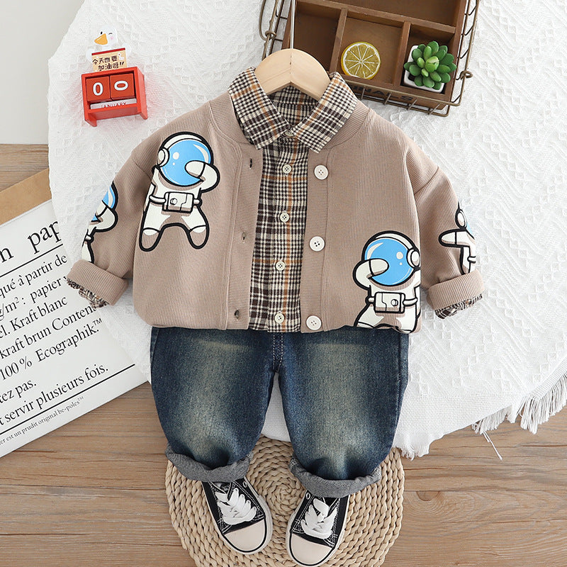 Conjunto de 3 piezas: chaqueta, camisa de cuadros interior y pantalón vaquero