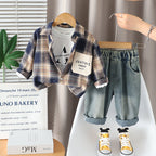 Conjunto de 3 piezas: camiseta de algodón, camisa de cuadros y pantalón vaquero