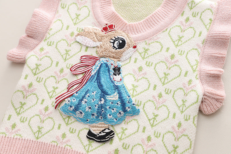 Conjunto de niñas de 3 piezas: blusa rosa, chaqueta con dibujo de conejo y pantalón vaquero con mariposas