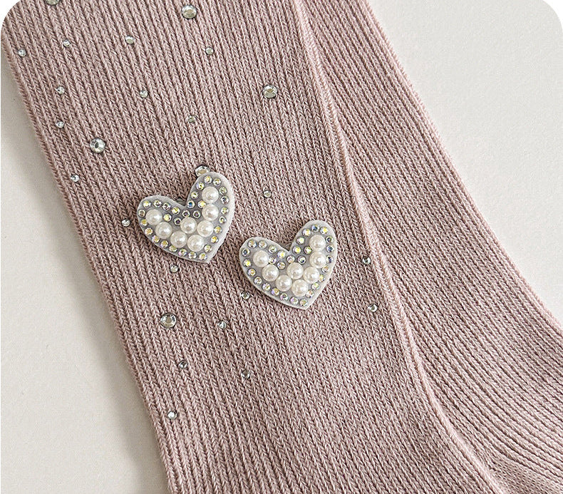Calcetines de algodón para niñas decorados con corazones de cristal brillantes
