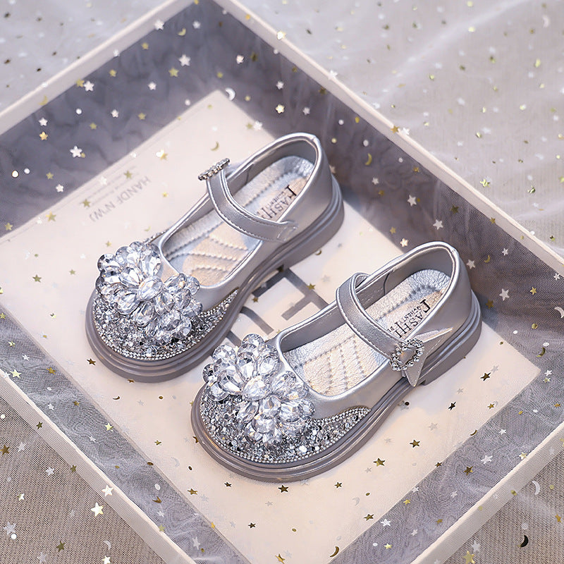 حذاء بناتي أنيق بتصميم زهرة كريستالية لامعة