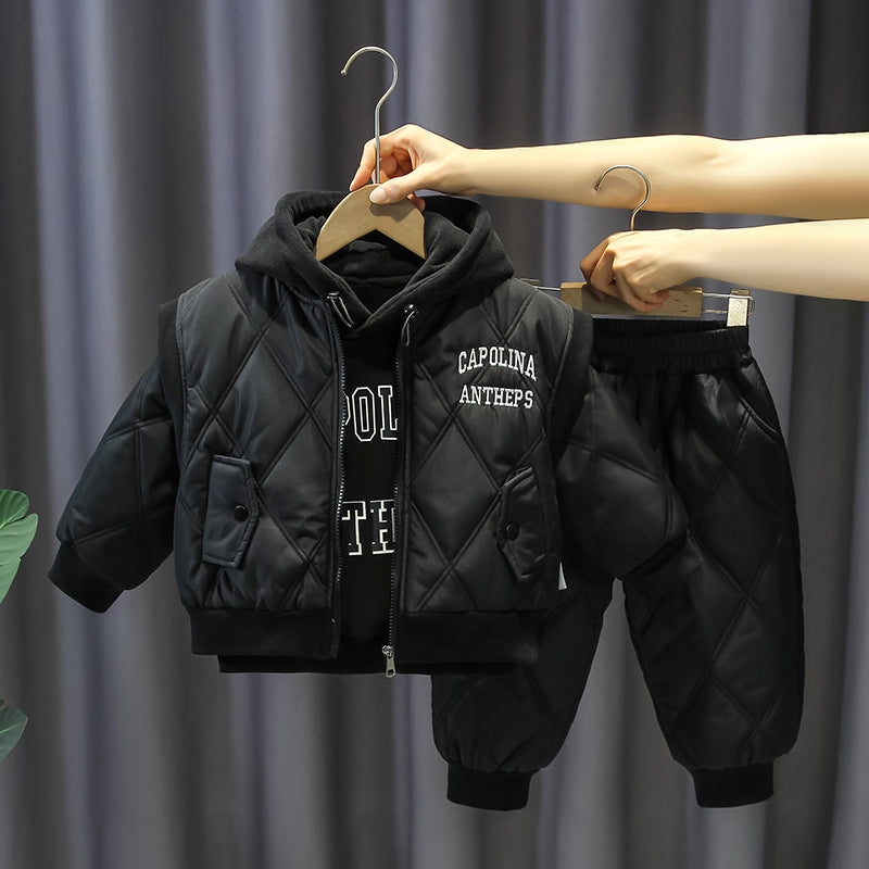 Conjunto de invierno de 3 piezas: sudadera cálida con capucha, chaleco acolchado y pantalón