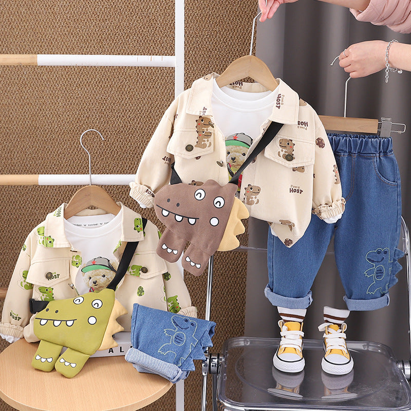 Conjunto infantil 3 piezas: camiseta dinosaurio, interior ligero y pantalón vaquero