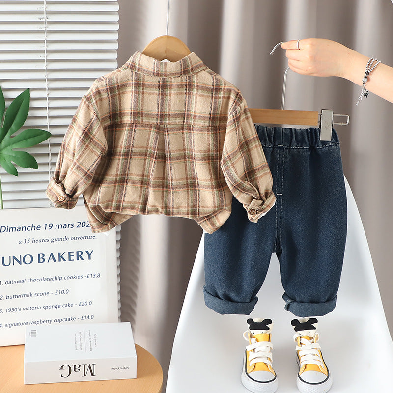 Conjunto de 3 piezas: camisa de cuadros, camiseta de algodón y pantalón vaquero