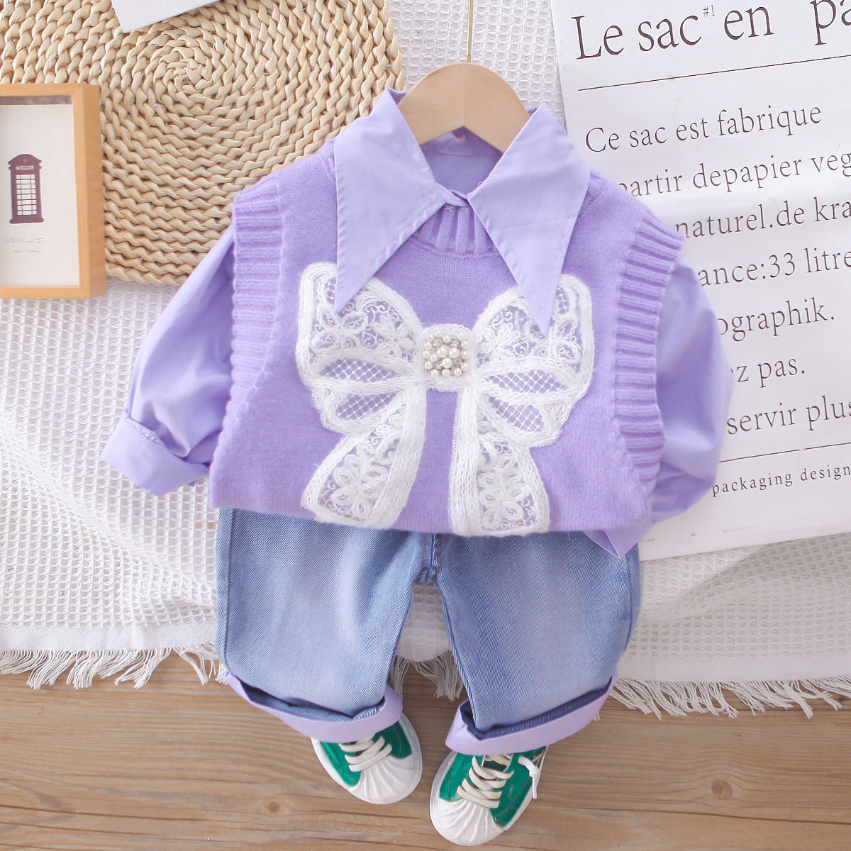 Conjunto de 3 piezas: camisa de manga larga, chaleco de lana decorado y pantalón vaquero