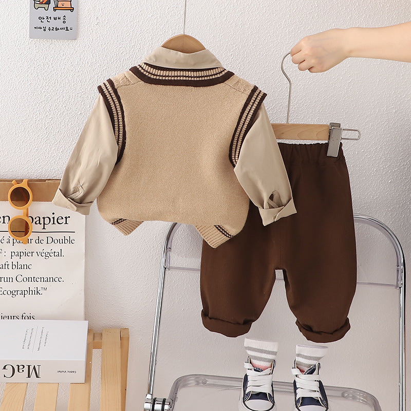 Conjunto clásico de 3 piezas: chaleco de lana, camisa de manga larga y pantalón