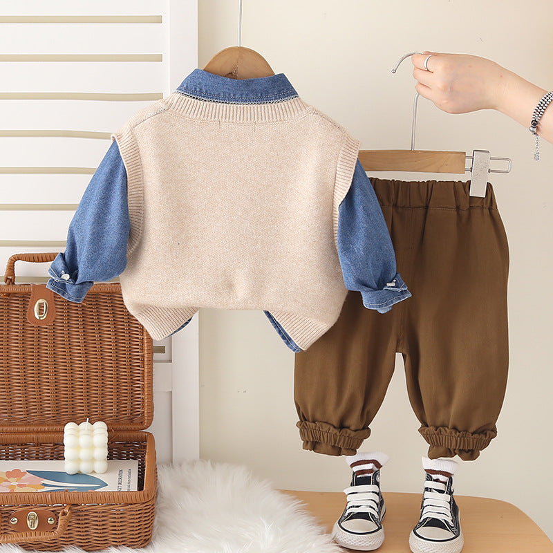 Conjunto de 3 piezas: camisa vaquera, suéter de lana y pantalón