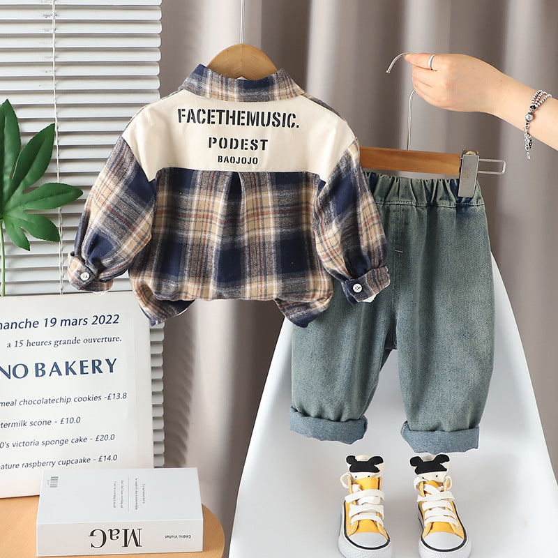 Conjunto de 3 piezas: camiseta de algodón, camisa de cuadros y pantalón vaquero