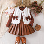 Conjunto de 3 piezas: suéter de invierno tejido, falda de cuero y chaleco de piel suave.