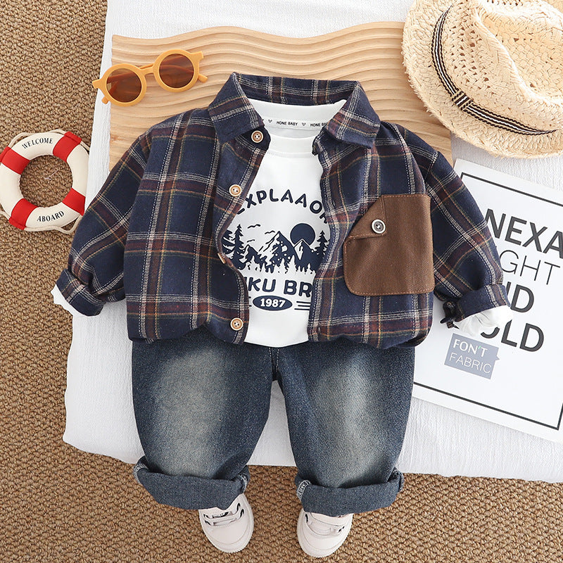 Conjunto de 3 piezas: camisa de cuadros, camiseta de algodón y pantalón vaquero