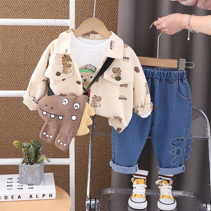 Conjunto infantil 3 piezas: camiseta dinosaurio, interior ligero y pantalón vaquero