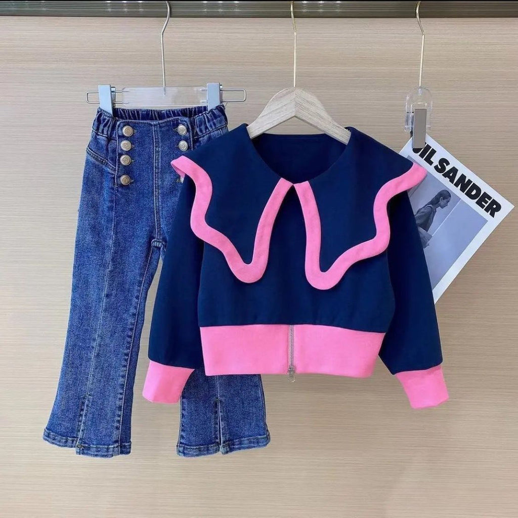 Conjunto elegante de 2 piezas para niñas: blusa y pantalón vaquero.