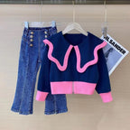 Conjunto elegante de 2 piezas para niñas: blusa y pantalón vaquero.